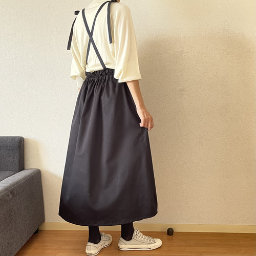 チノクロススカート サスペンダー付きスカート 黒 リボン ロング