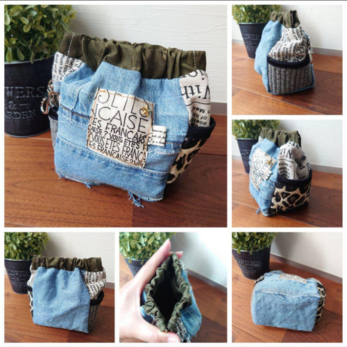 No543【DENIM Remake✖️バネポーチ 英字タグ❤️】サイドポケット付き  