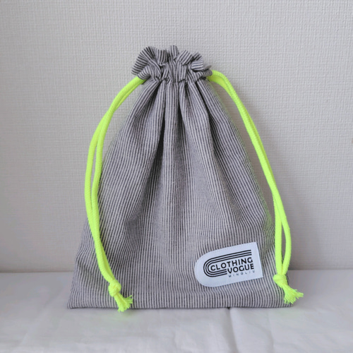 給食セット 巾着&ランチョンマット ストライプ＊グレー＊両紐5（裏地  