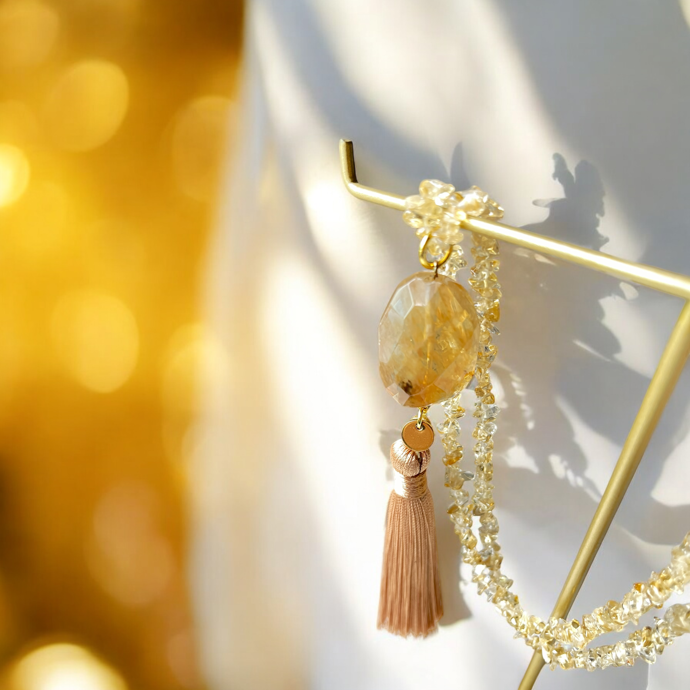 シトリン　メノウ　タッセル　ロングネックレス　琥珀色