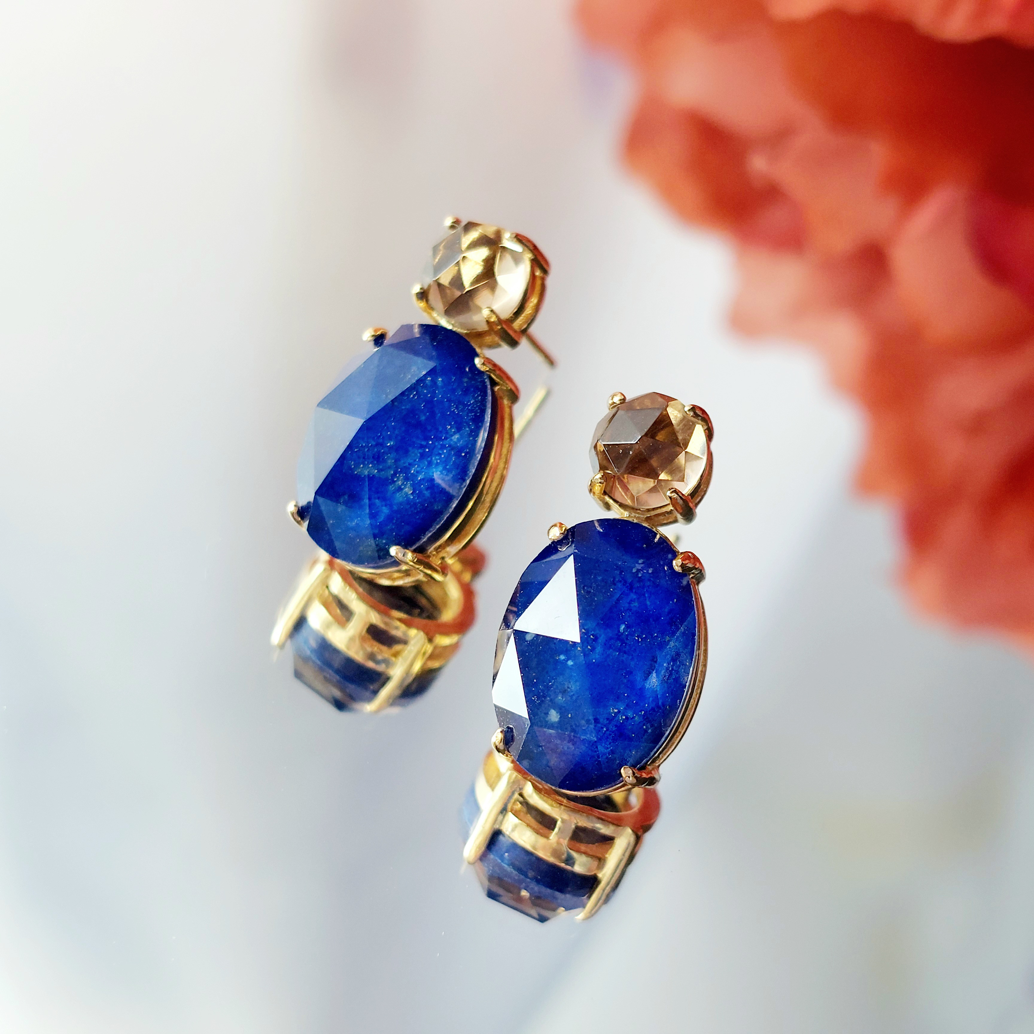 【天然石】ラピスラズリ×クリスタルAAAとスモーキークォーツのピアス