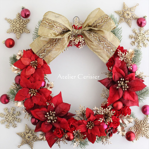 早割】☆クリスマスリース ポインセチア ローズ＜レッド＆プラチナ