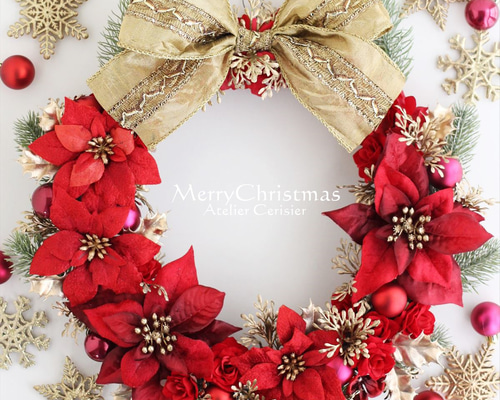 早割】☆クリスマスリース ポインセチア ローズ＜レッド＆プラチナ