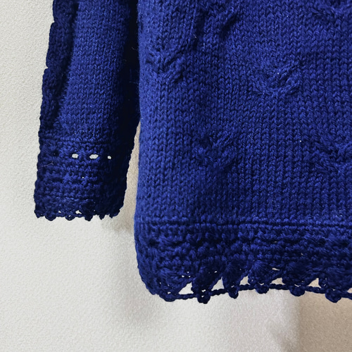ネイビーブルー 長袖セーター 透かし編み ニット ニット・セーター