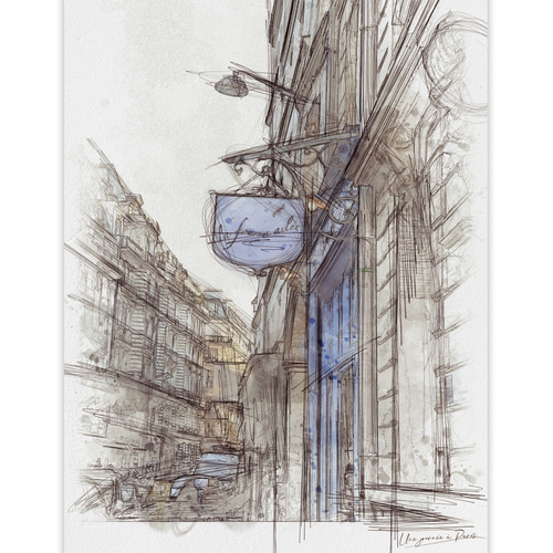 パリの街角】パリの青 鉛筆画 インテリア アートポスター