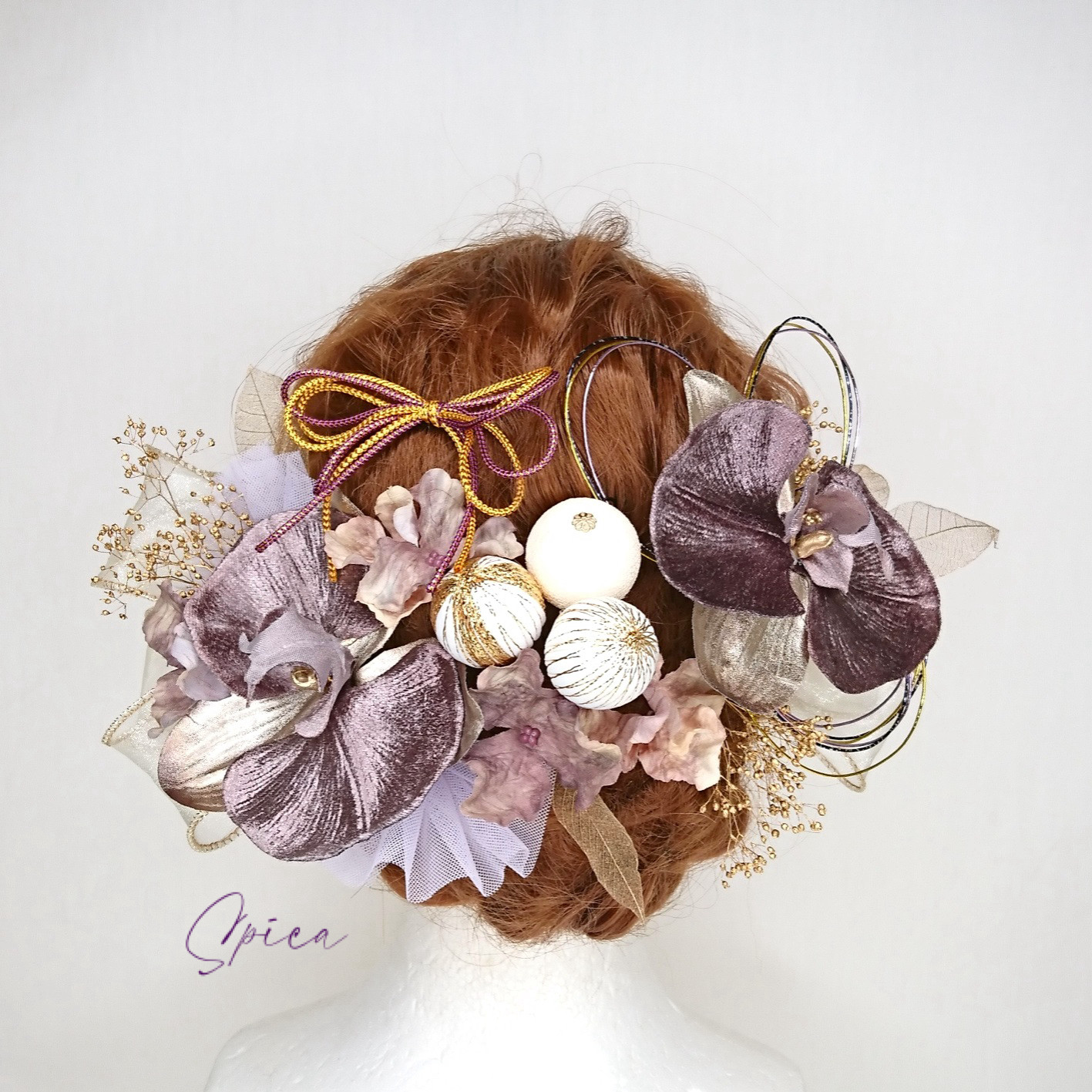 【一点限定】ベルベット胡蝶蘭と和玉のヘッドドレス 髪飾り 成人式 卒業式 打掛 和装 七五三 紫 大人 造花 パープル