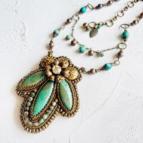 グリーン ターコイズ ビーズ刺繍 ネックレス 大ぶり ターコイズ 天然石