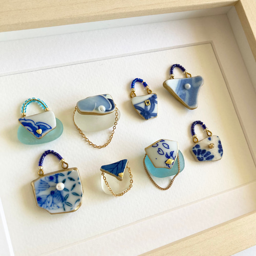 オーダー品】青いシー陶器のバッグ シーガラス/シーグラスアート/置物
