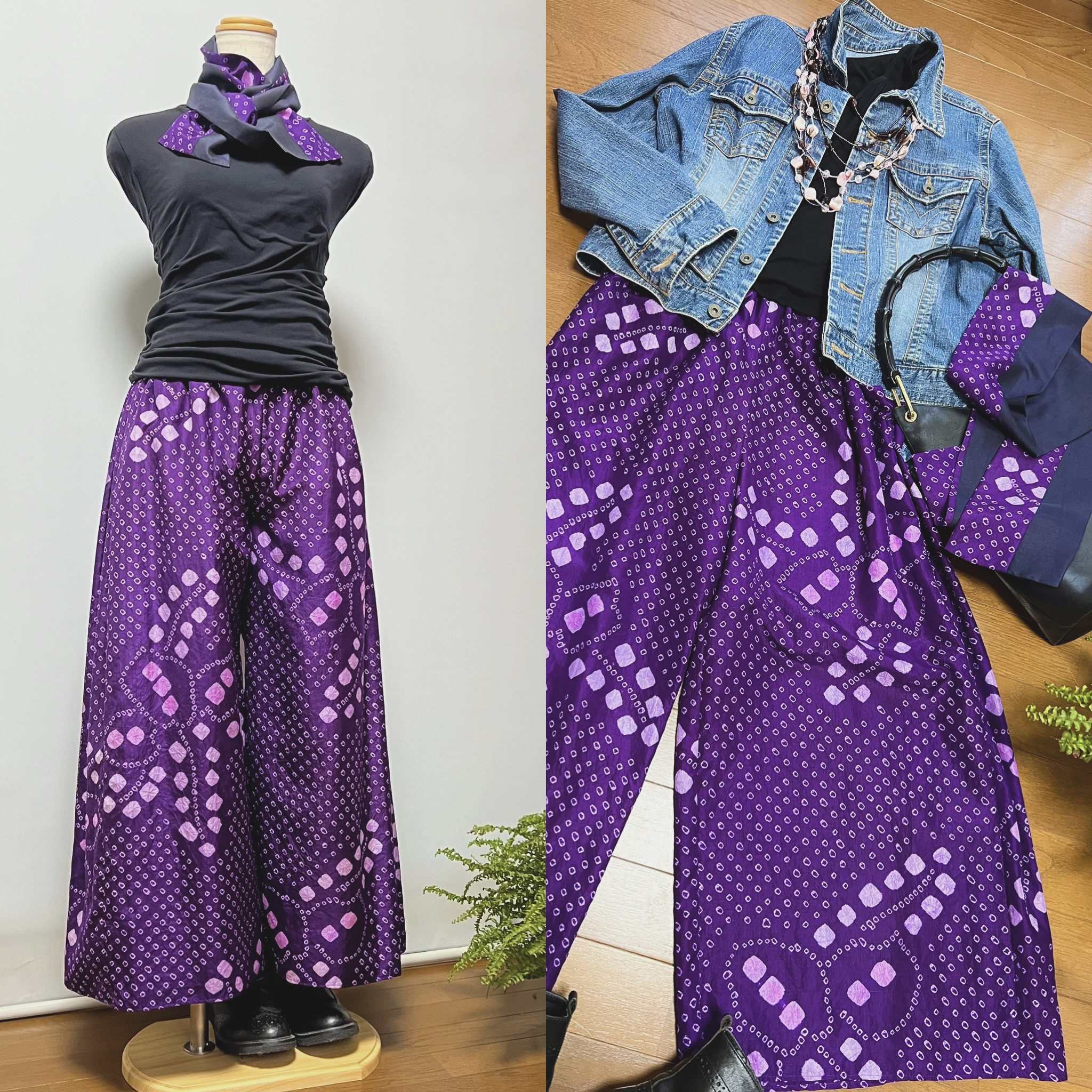 絞り薄絹＊ワイドパンツ＋ストール＊膝上丈綿裏地付き＊着物リメイク