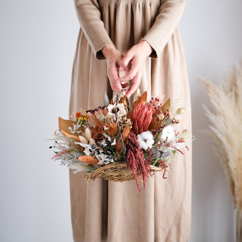 秋色花かごアレンジ＊ドライフラワーアレンジメント＊ウェルカム