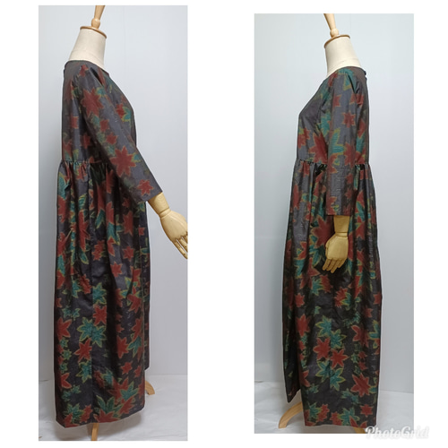 着物リメイク　ふくよかさんサイズの正絹ちりめんロングワンピース（花柄） 着物リメイク ふくよかさんサイズの正絹ちりめんロング