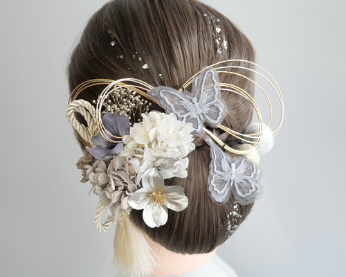 A033 髪飾り ドライフラワー 水引 白 グレー 成人式 振袖 結婚式 卒業