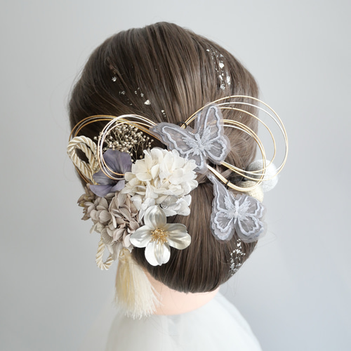 A033 髪飾り ドライフラワー 水引 白 グレー 成人式 振袖 結婚式 卒業