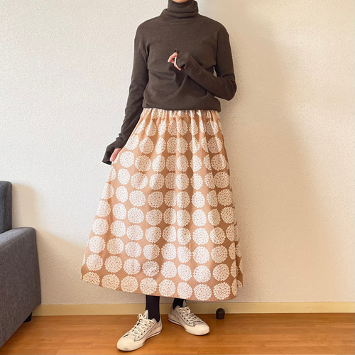 北欧柄 1枚で履けるギャザースカート 茶色 ウエスト変更可 ロング