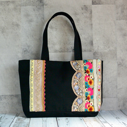 A4サイズ収納！クラシカルなインド刺繍リボンのトートバッグ【L