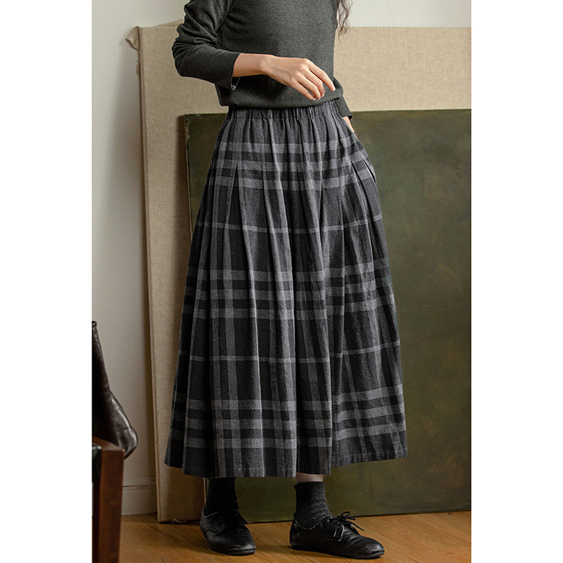 100%コットンチェック柄スカート　グレーチェックゴムウエストスカート　S-Mサイズ　S303