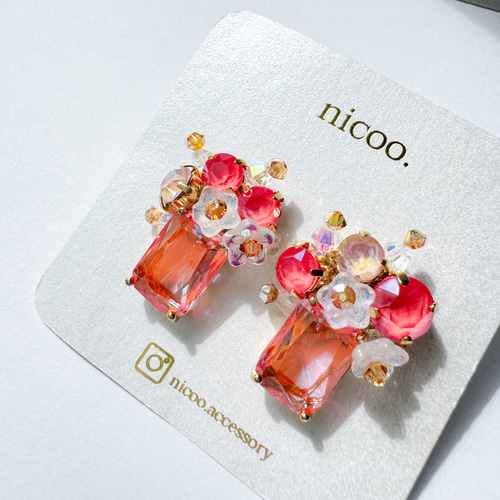 オレンジスワロフスキーピアス プレゼント 贈り物 大ぶり 母の日 秋