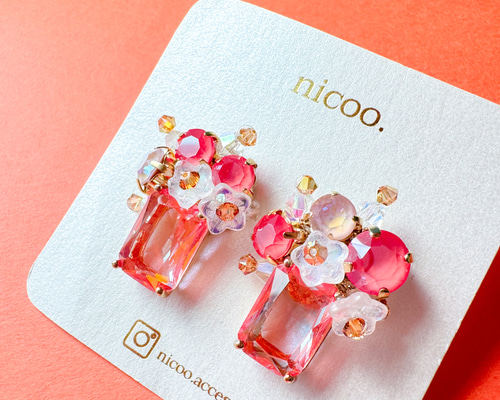 オレンジスワロフスキーピアス プレゼント 贈り物 大ぶり 母の日 秋