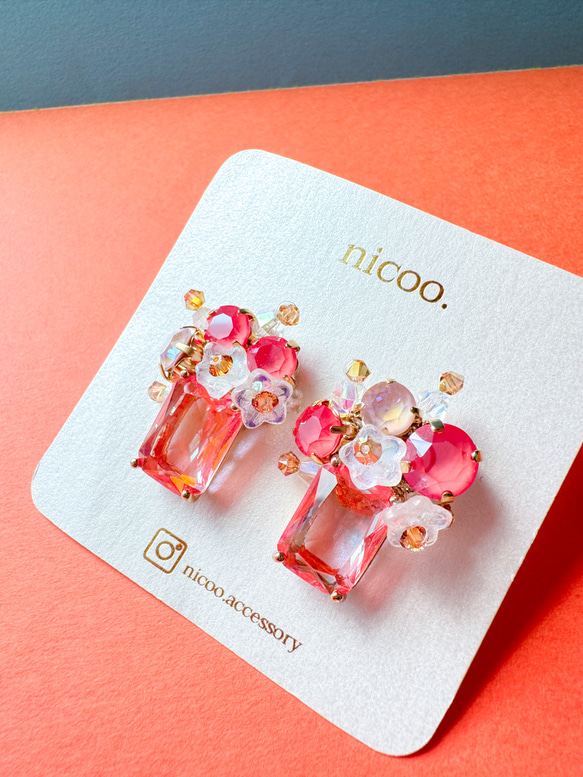 オレンジスワロフスキーピアス プレゼント 贈り物 大ぶり 母の日 秋