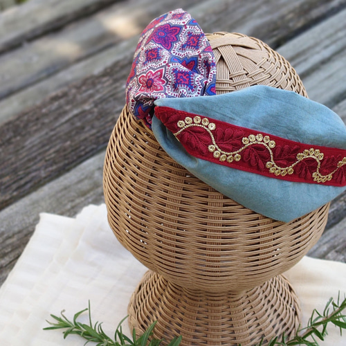 インド刺繍リボンのヘアターバン(手染め布・カチューシャ・ヘアバンド  