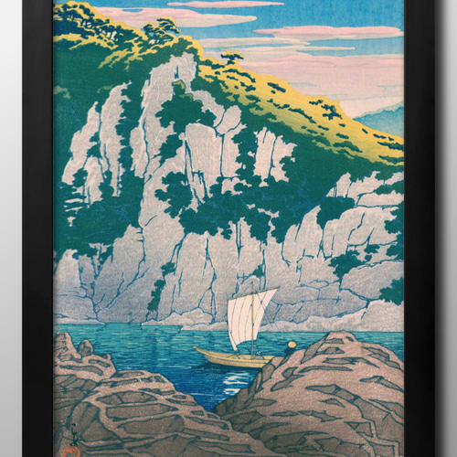 OTTA 手書きイラスト　ポスター　絵　アート 15277□ポスター アート 絵画『川瀬巴水 木曽川蓬莱岩』北欧 A3