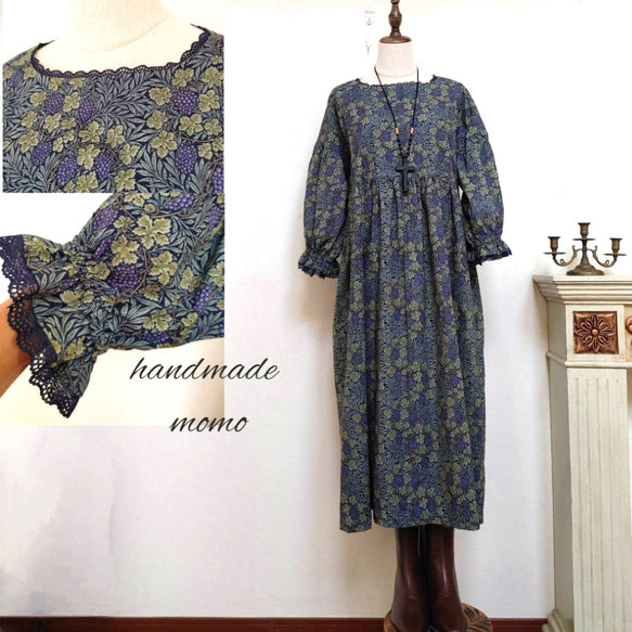 ウィリアムモリス レースのギャザーワンピースfree ワンピース momo  
