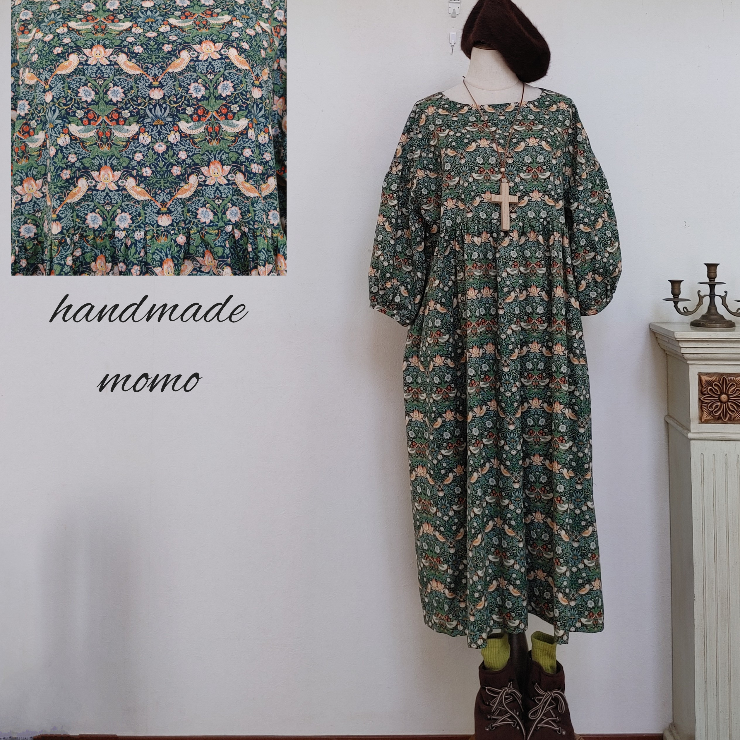 ウィリアムモリスいちご泥棒ギャザーワンピース八分袖free ワンピース  