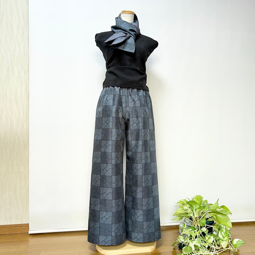 大島紬＊股下66cm幾何学柄ゆったりストレートパンツ＋ストール＊裏地