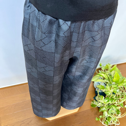 大島紬＊股下66cm幾何学柄ゆったりストレートパンツ＋ストール＊裏地