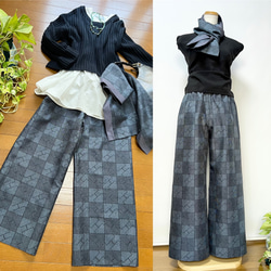 大島紬＊股下66cm幾何学柄ゆったりストレートパンツ＋ストール