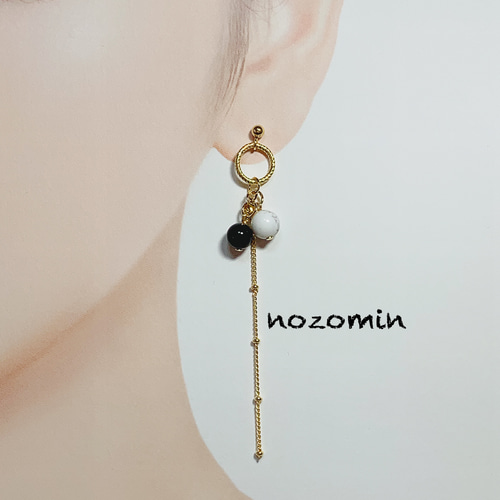 天然石ハウライト&オニキスのキレイなチェーンピアス ハンドメイド 