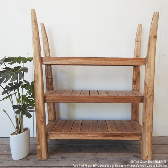 オールドチーク無垢材 3段ラック 高さ80cm 本棚 シューズラック 靴箱 靴棚 コーナー棚 コーナーラック 本棚