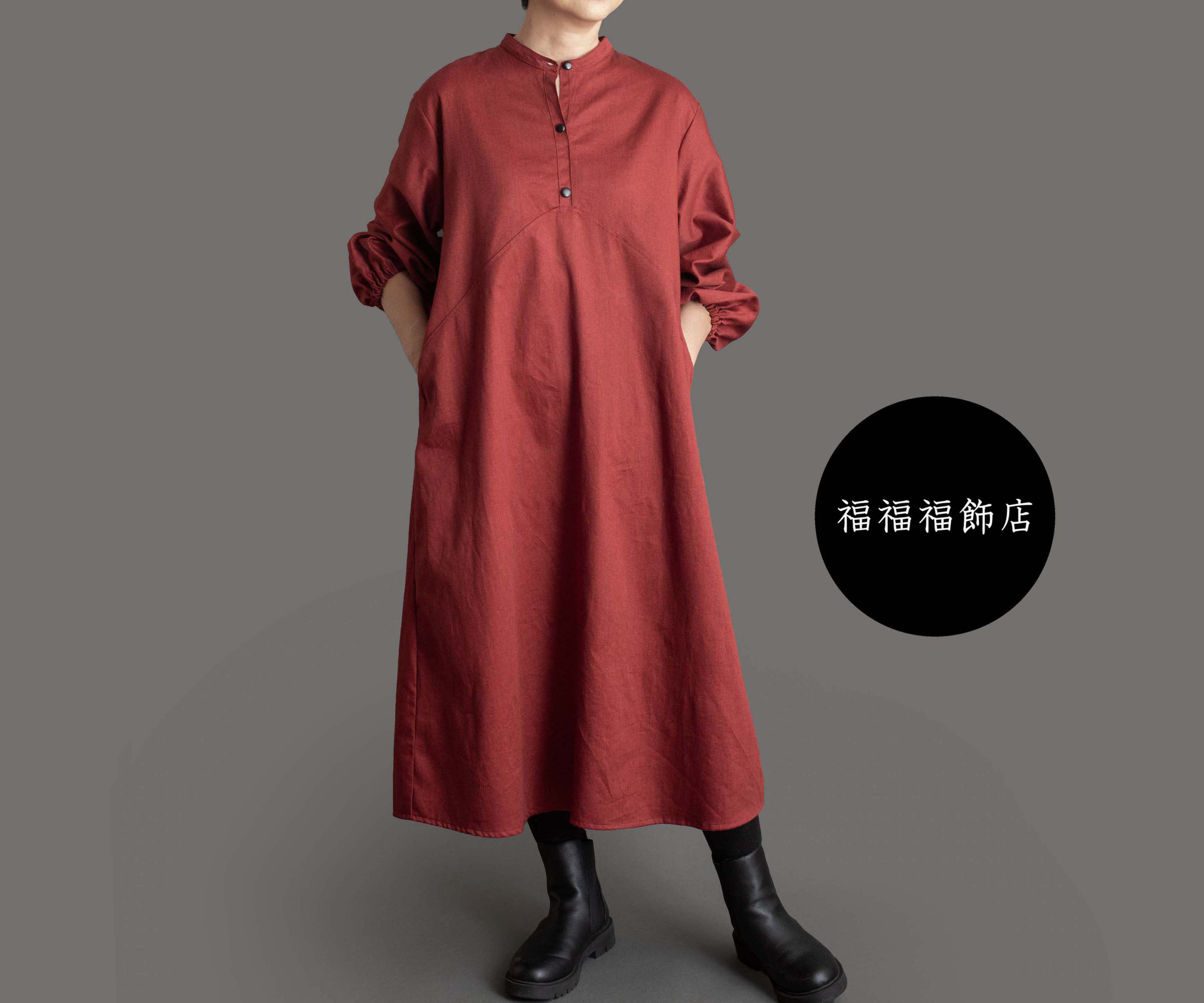 大人の赤色　長袖ワンピース　デニム風コットン　サイズSML　体形に合わせてお作りもできます