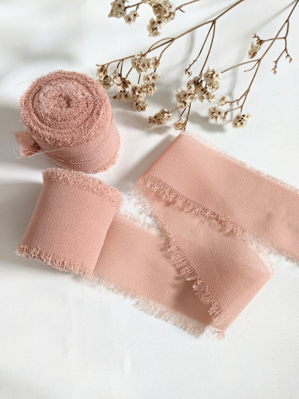 シフォンリボン くすみピンク 2m〜 リボン ふわふわ シフォン タッセル パーツ 3枚目の画像