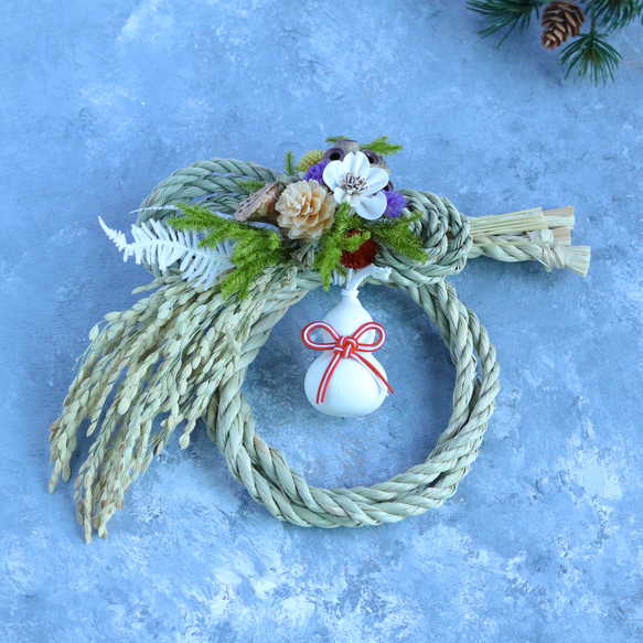 お正月　しめ縄飾り　一点飾り 一点物・2025お正月・ナチュラルカラーの稲穂付きお正月飾り しめ縄