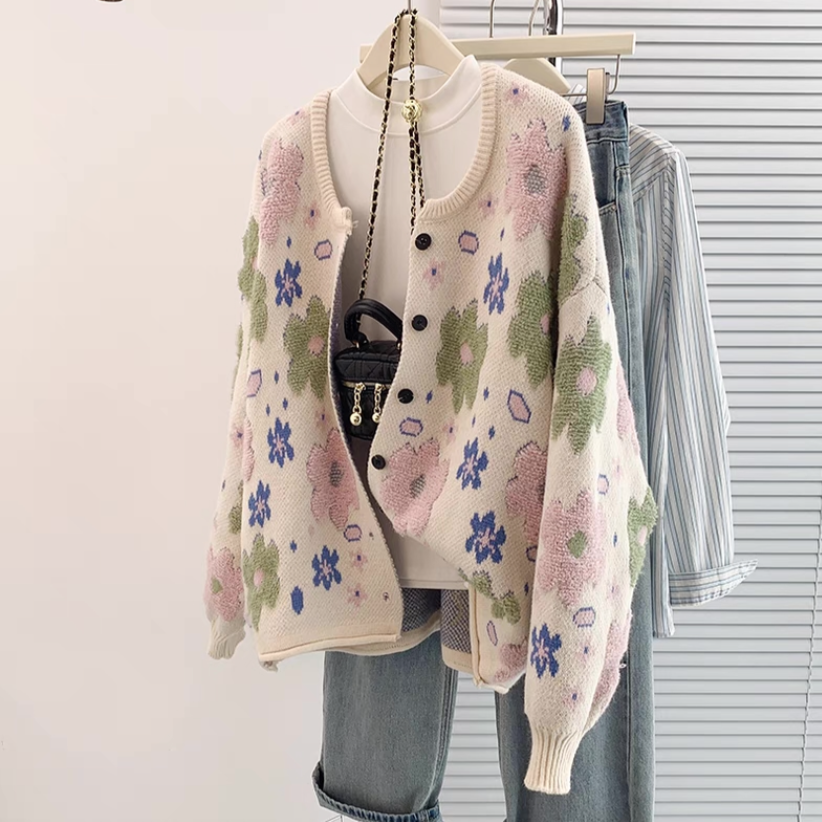 カーディガン、ニット、ジャカード、秋冬、防寒対策