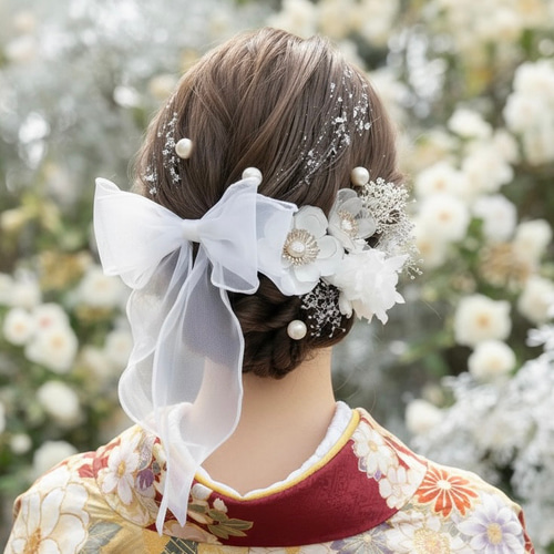 A175 リボン ドライフラワー ホワイト 髪飾り 卒業式 袴 成人式 振袖