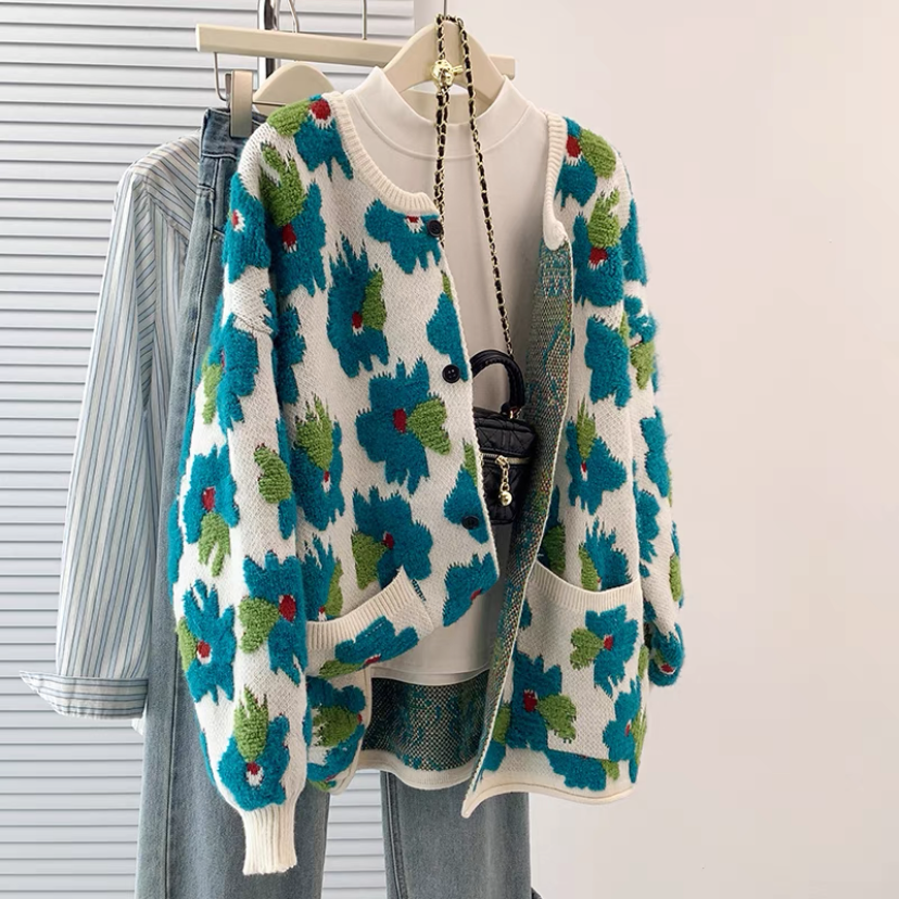 カーディガン、ニット、ジャカード、秋冬、防寒対策