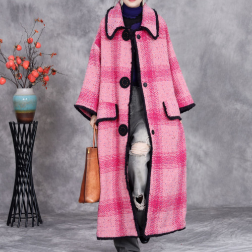 ♪秋冬.ピンク厚手ウールコート.超ゆったり おしゃれなチェックの