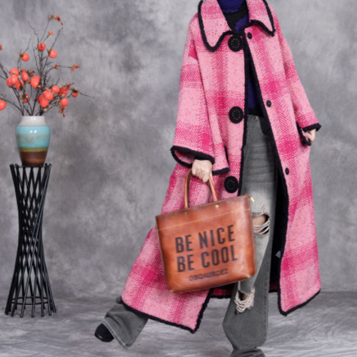 ♪秋冬.ピンク厚手ウールコート.超ゆったり おしゃれなチェックの