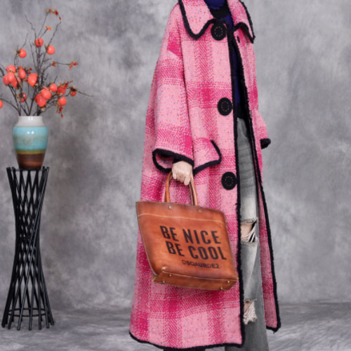 ♪秋冬.ピンク厚手ウールコート.超ゆったり おしゃれなチェックの