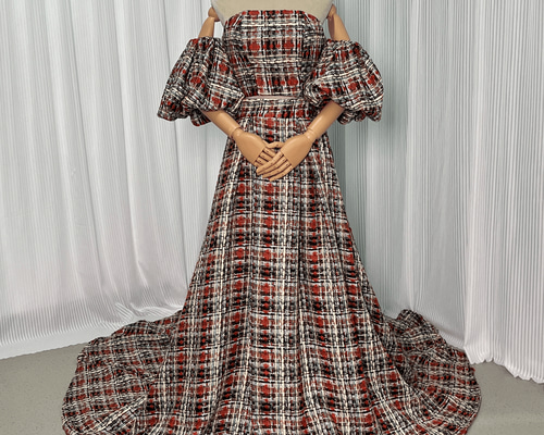 ドレス チェック パフスリーブ タイト 3色 パーティー 結婚式 パフスリーブ刺繍ドレス(グリーン) CR1-435GR-M | パーティ