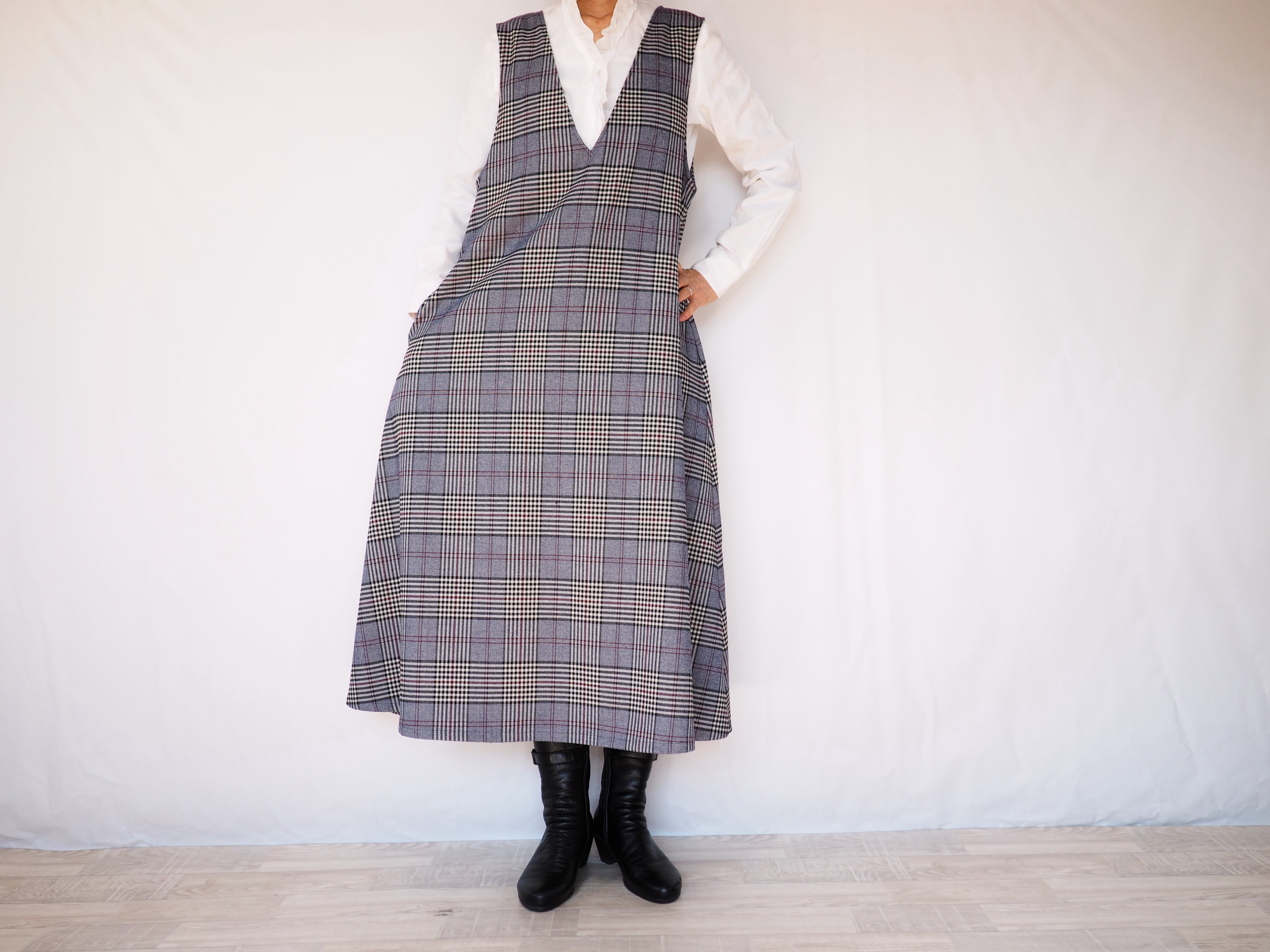 ストレッチ起毛グレンチェックVネックフレアジャンバースカート