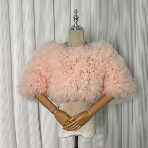 送料無料！サーモンピンクトップス 半袖 ふわふわ もこもこボレロ