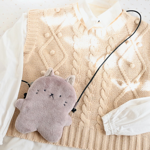 グレージュねこちゃん ぬいぐるみポシェット ファー バッグ ポシェット