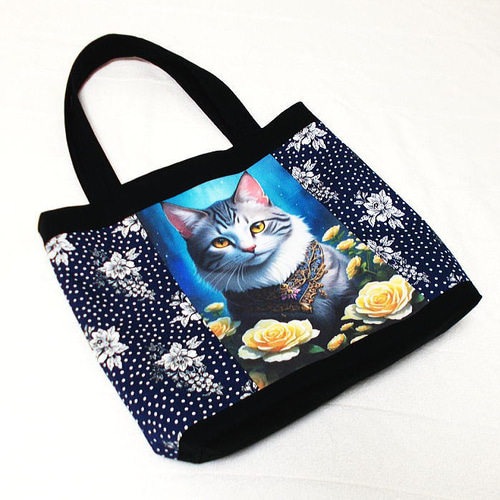 大きめトートバッグ 美しい猫 貴族 王様 黄色い薔薇