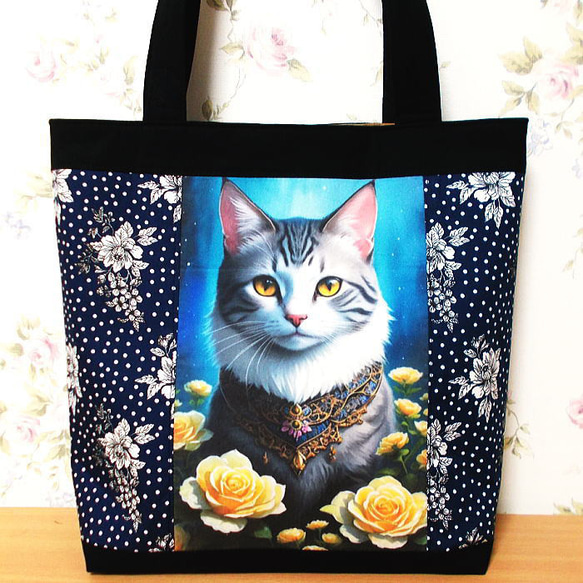 ジョリーフルール　ハンドメイド　トートバッグ　猫ポーチ　コラコラ　新柄　大　紺 824a73746e736e1cbeb4d5878dd0de