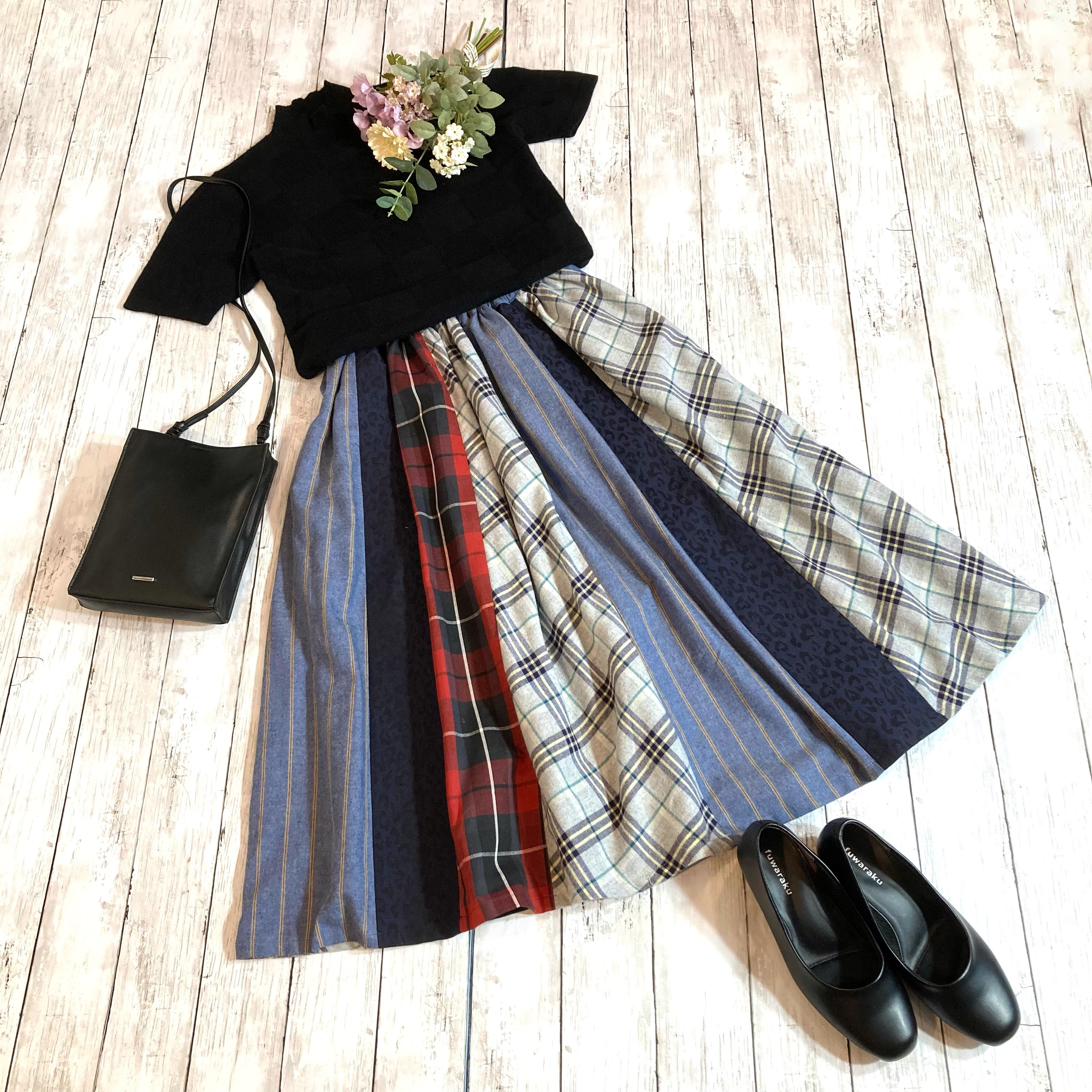 受注製作♡播州織＊チェック＆ストライプ＆ジャガード織のはぎスカート(裏地付き)by彩苺［Ｍ2371］