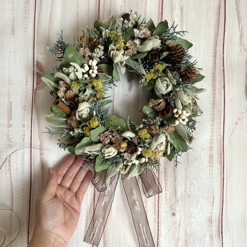 優しい色合い ラムズイヤーのドライフラワーリース リース ミネット