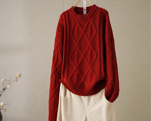 全5色】クルーネックニットトップス 赤いお正月セーター レトロ編み